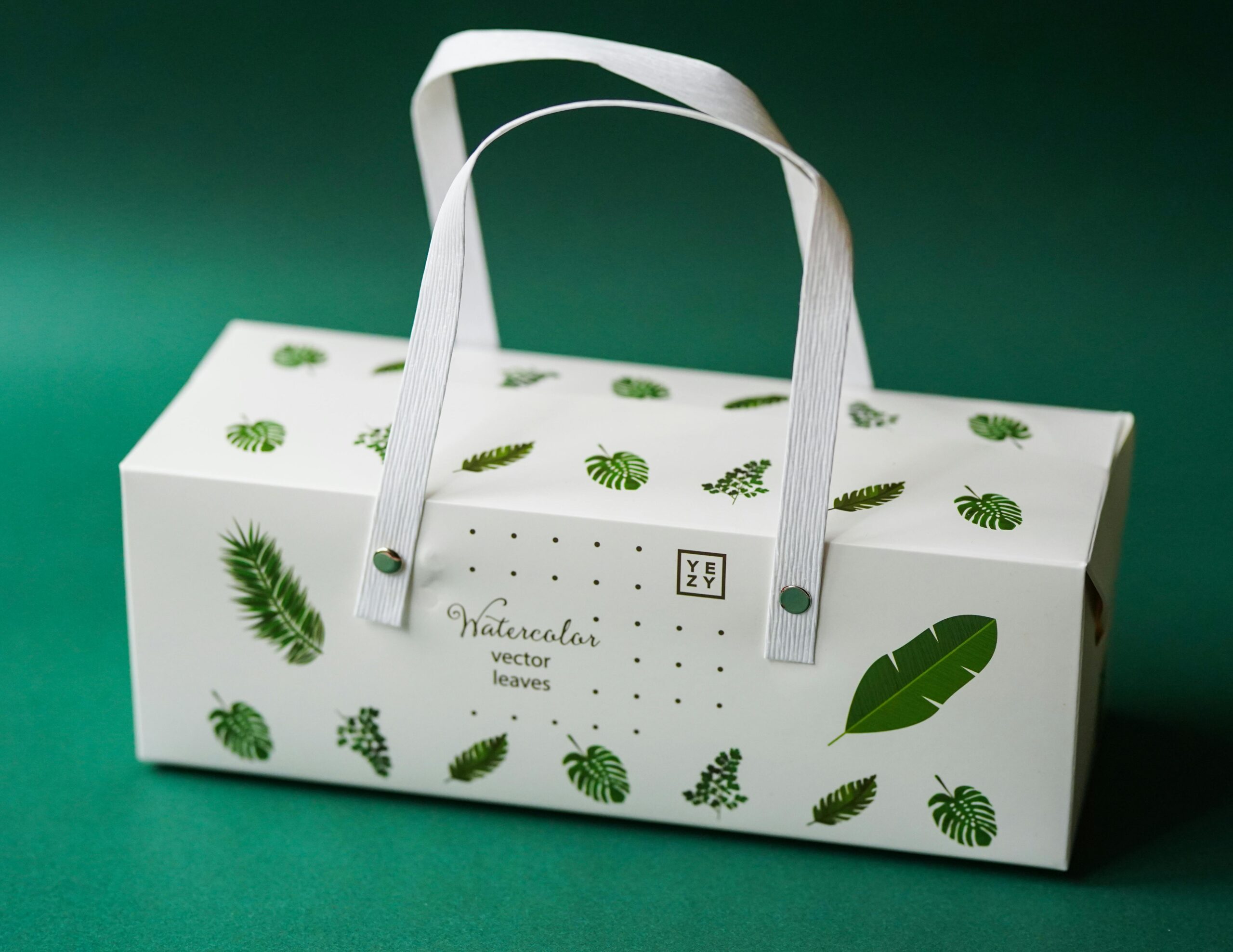 Esg4 Eco - friendly packaging box with green leaf designs: symbolizes low - waste retail models. Aligns with icanteen’s bulk/unpackaged food recognition, encouraging sustainable food service. Supports esg goals by reducing packaging waste.
