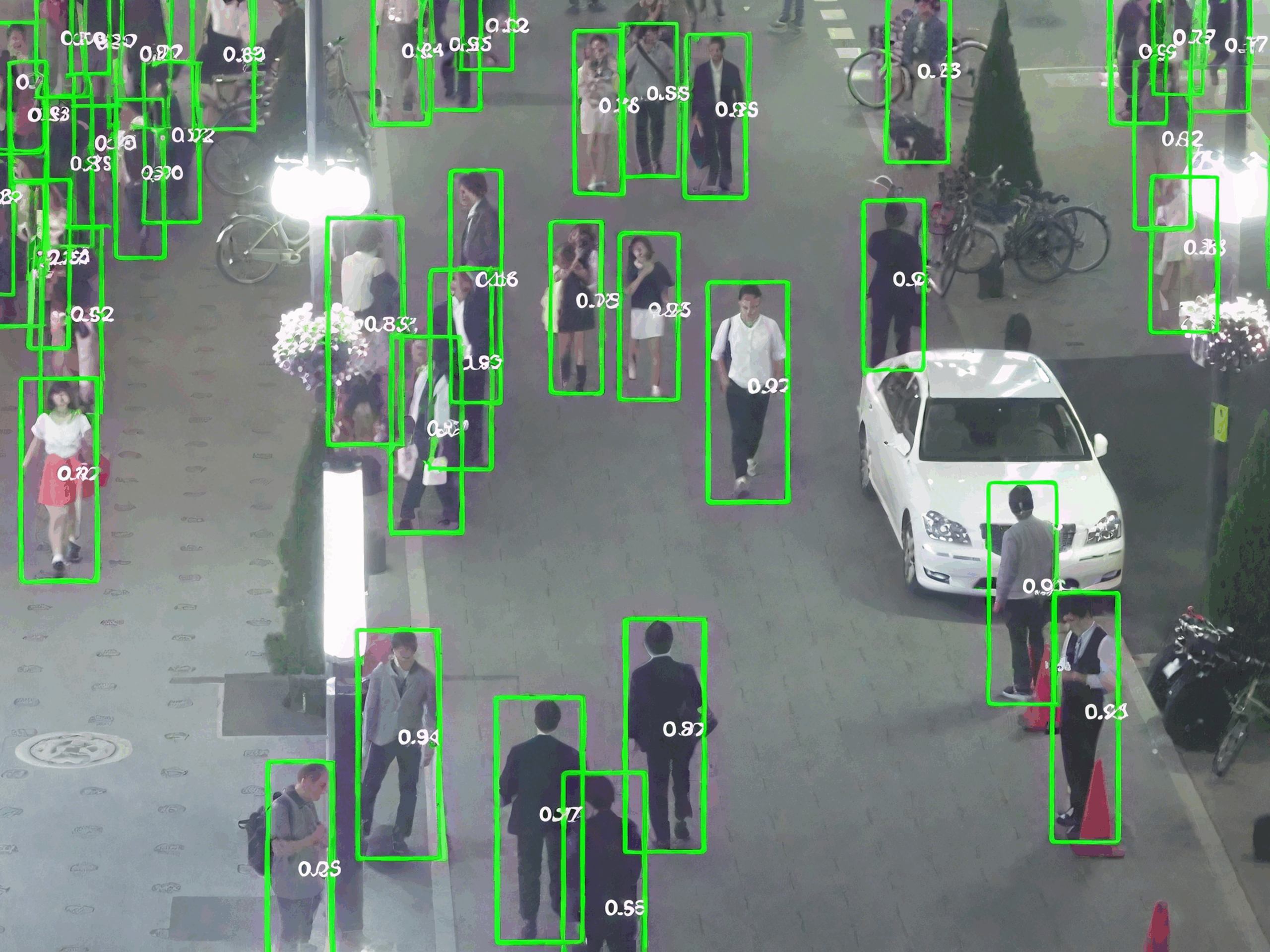 Technology3 Pedestrians detected with bounding boxes and confidence scores in an urban street scene, demonstrating ai vision and edge computing for crowd monitoring, loss prevention, or smart retail analytics. Relevant for checkout manufacturers and smart city solutions.