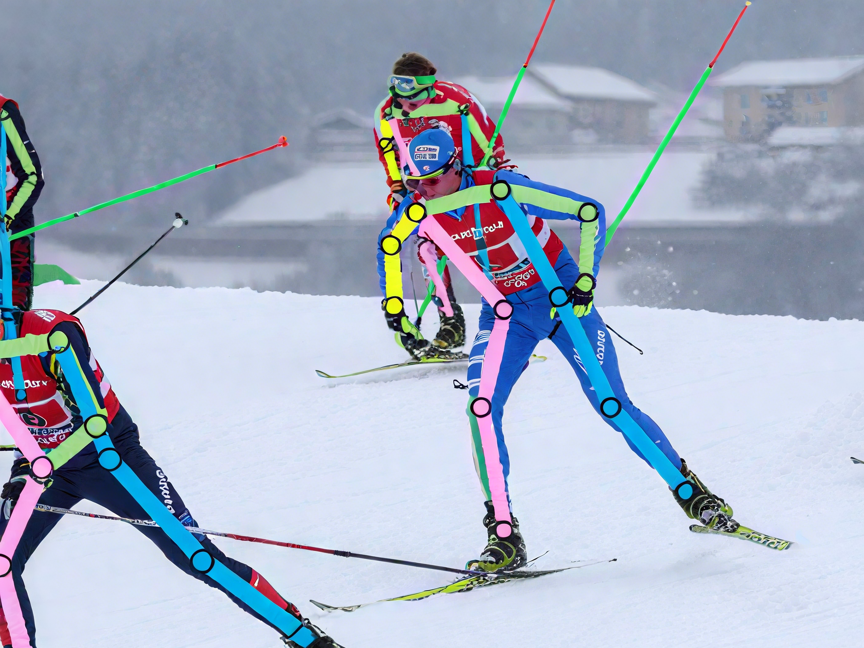 Technology4 Cross - country skiers with ai - generated pose estimation skeletons, illustrating computer vision and motion recognition technology. Applicable for sports analytics, fitness tech, or edge ai solutions in outdoor activity monitoring.