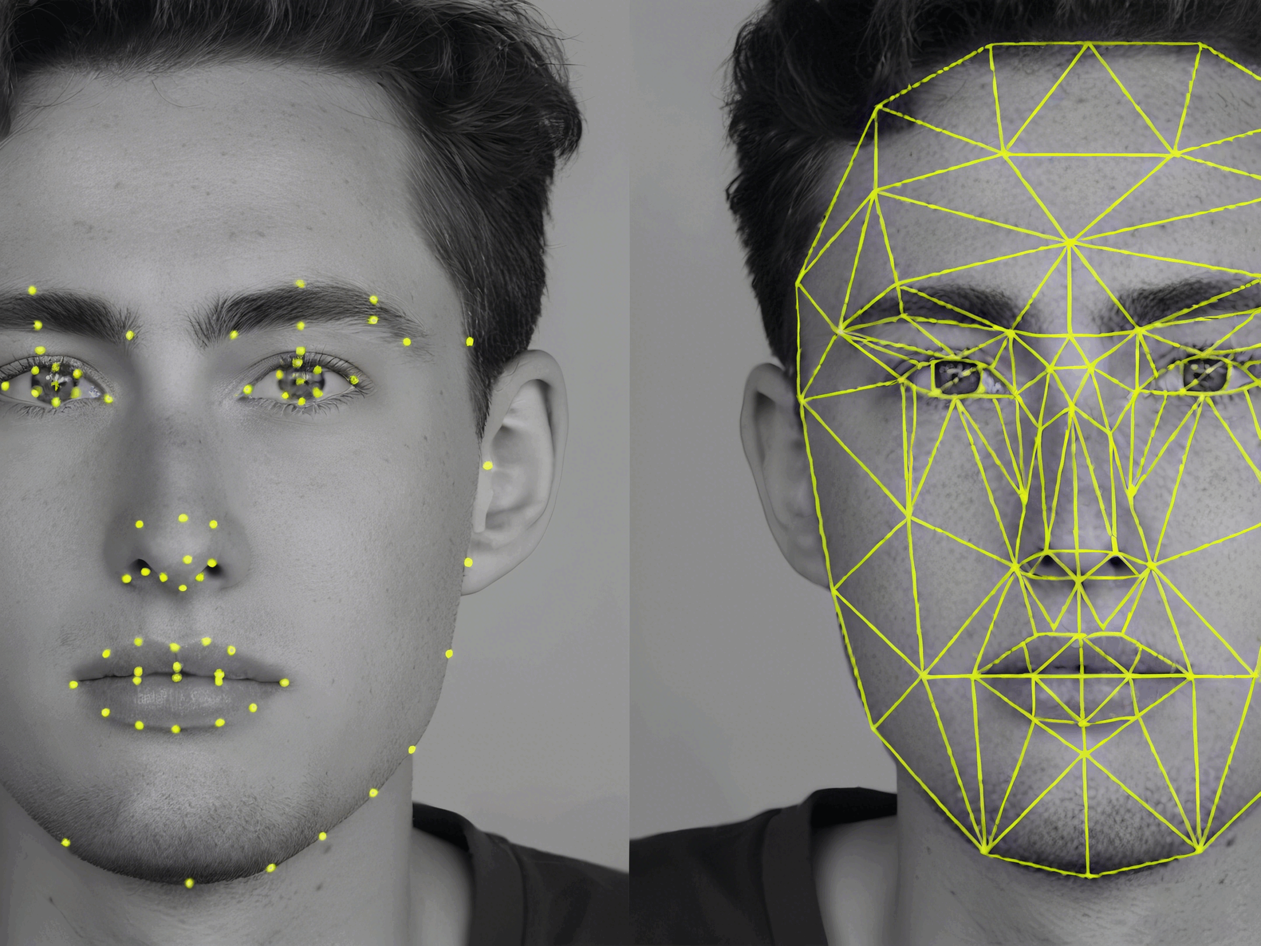 Technology5 Dual facial recognition display: left with key point markers, right with geometric mesh, showcasing advanced ai face recognition technology.