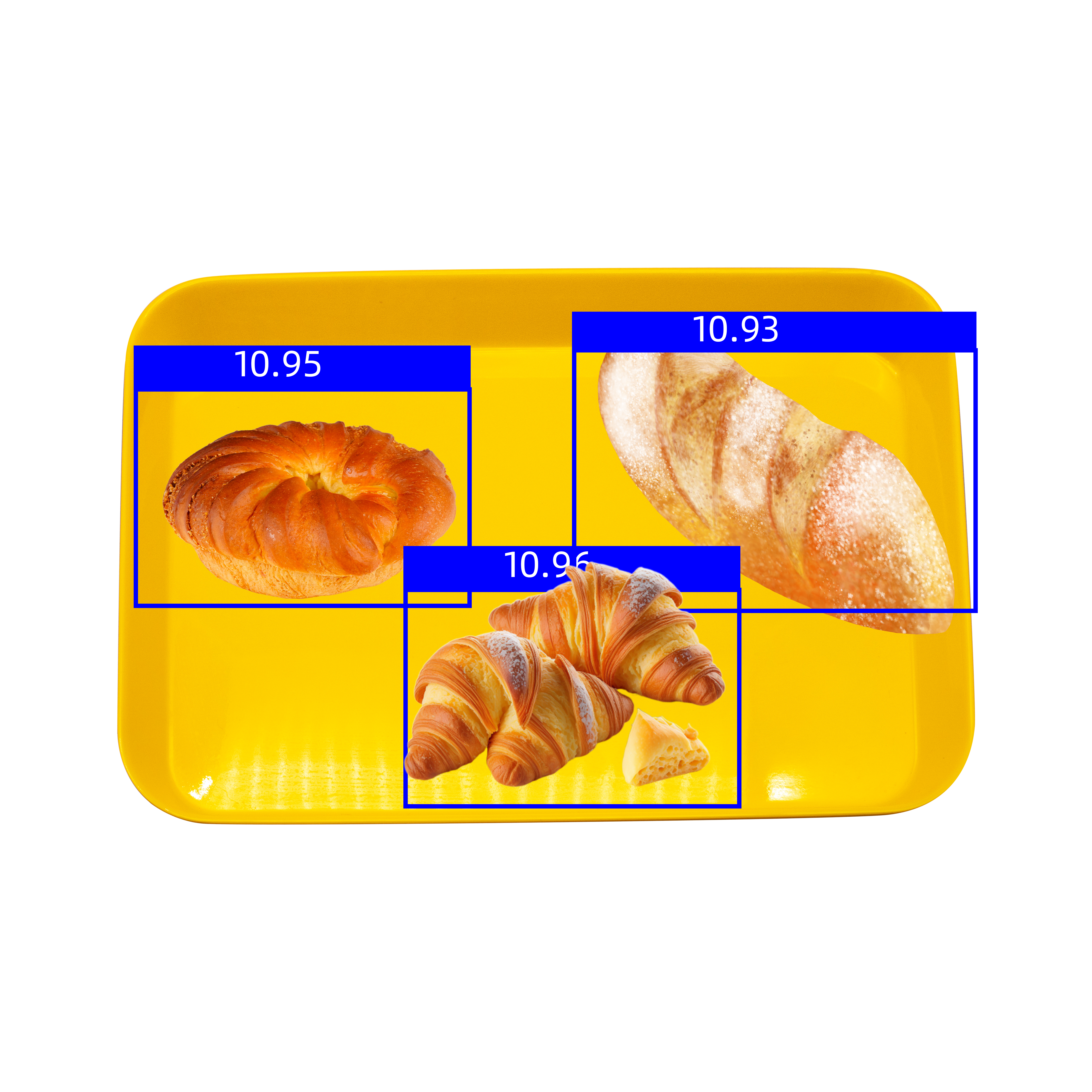 Visual ai for food recognition: demonstrating detection of bakery goods on a yellow tray.