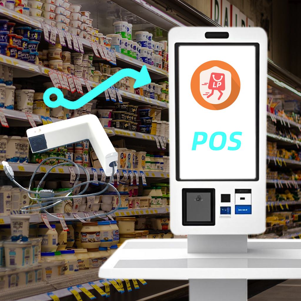 Idetector2 Self - checkout pos system with a loss - prevention add - on device, showing an external scanner as a plugin for loss prevention integration in a grocery store setting