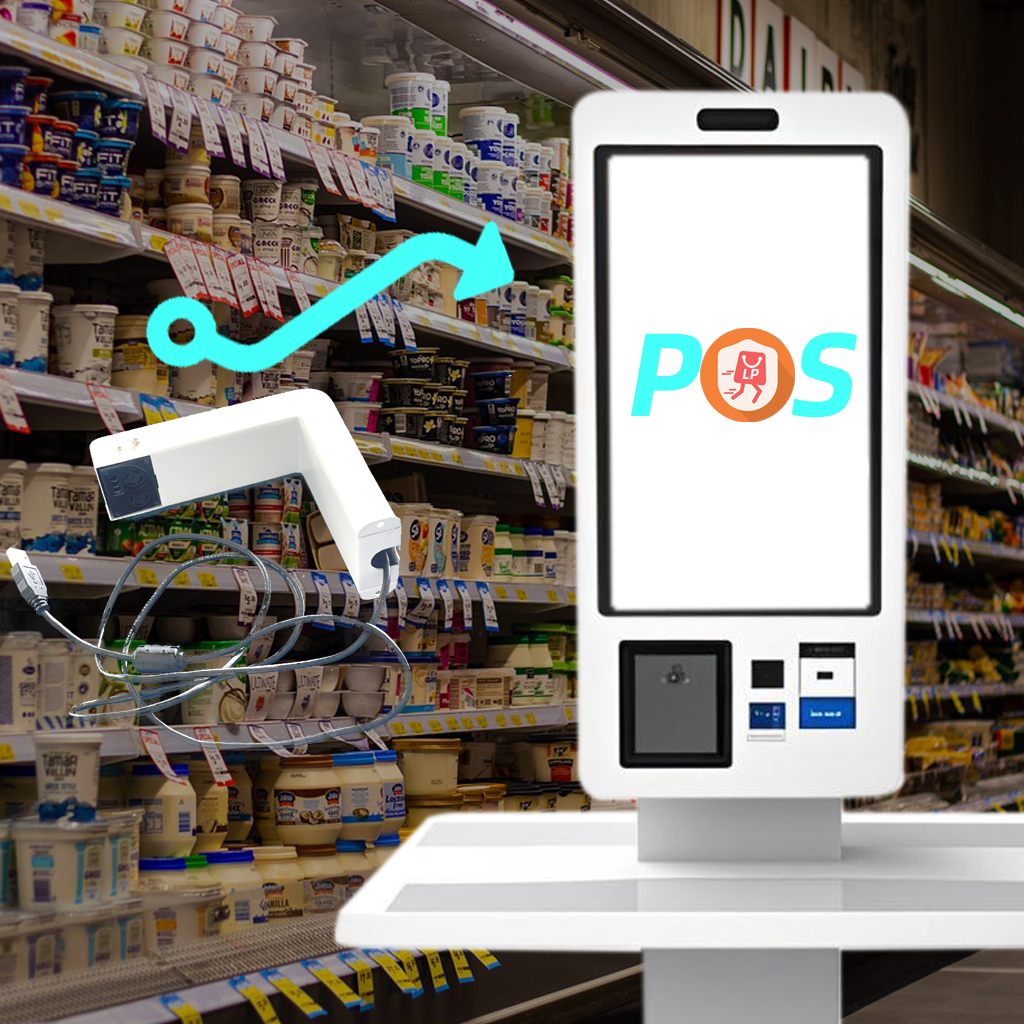 Idetector3 Self - checkout pos terminal with loss prevention system integration, featuring an in - built anti - theft icon for lp - connected functionality in a supermarket