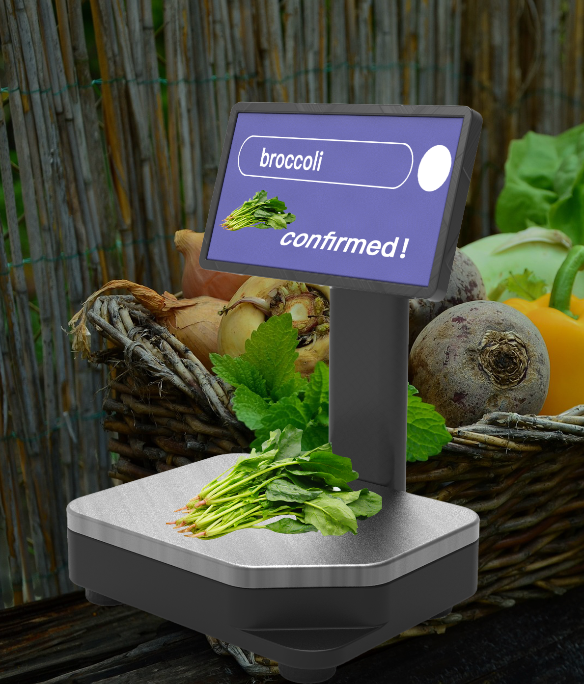 Iscale3 Ai - powered retail scale confirming broccoli identification with fresh produce in background