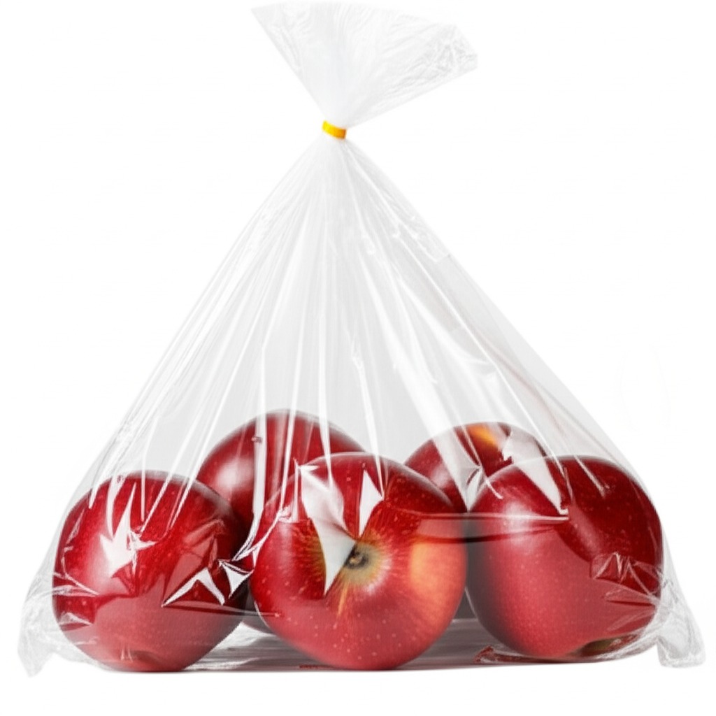 Iscale4 Transparent plastic bag containing fresh red apples, relevant to retail produce display. Could be weighed on an ai - powered retail scale for sales.