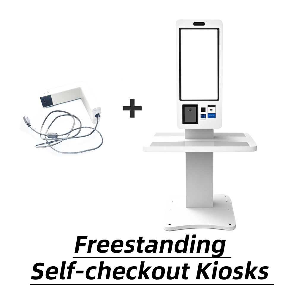 候补1 Vertical freestanding self - checkout kiosk set, including a scanner accessory.