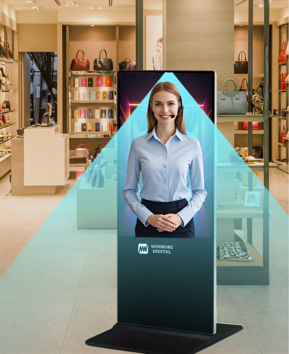 At the main entrance of a retail store, an ai self-service kiosk is placed, with a smiling ai digital assistant on the screen providing service to customers.