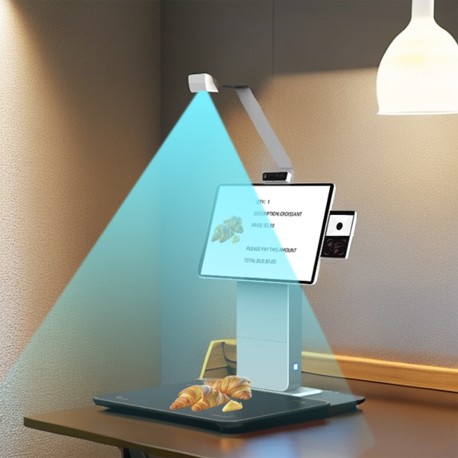An ai recognition camera is installed on a cafeteria checkout machine, identifying the dishes on the tray and displaying the recognized results on the screen.